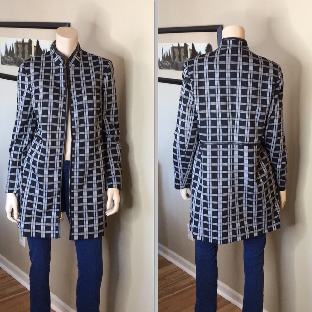Anne Klein Black and Gray Plaid Long Zip Front Coat